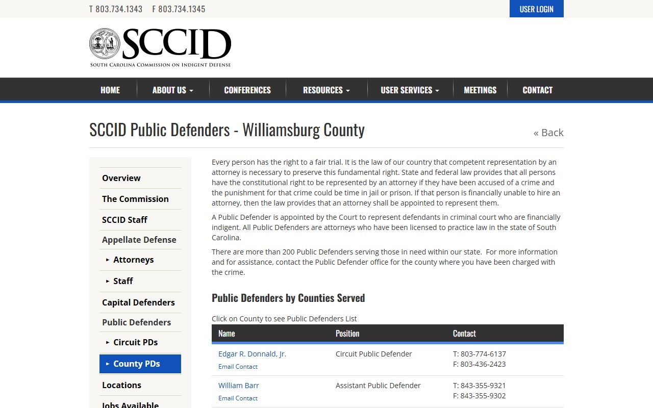 Williamsburg County arrest records and court charges public defender page