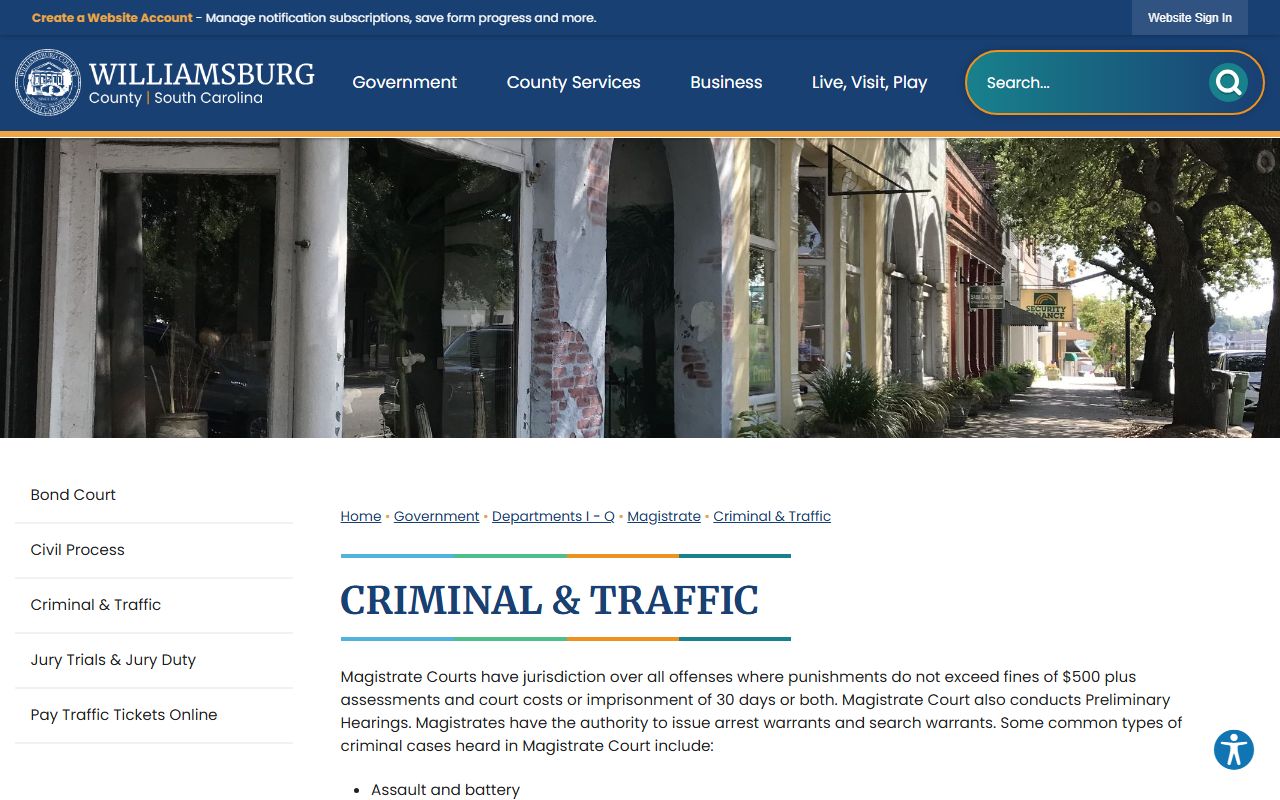 Williamsburg County arrest records and court charges Magistrate criminal traffic page
