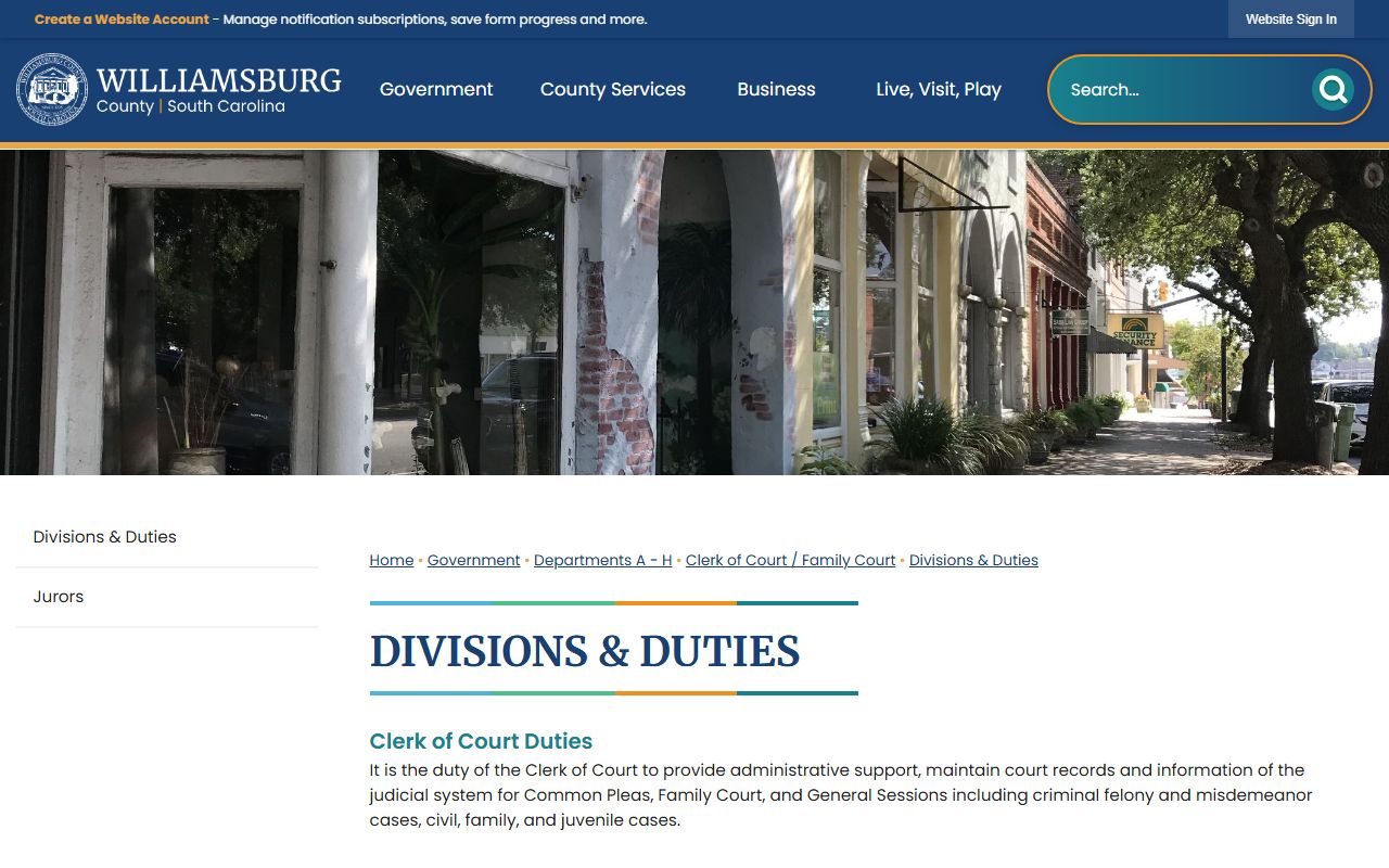 Williamsburg County court dockets Clerk divisions and docket duties