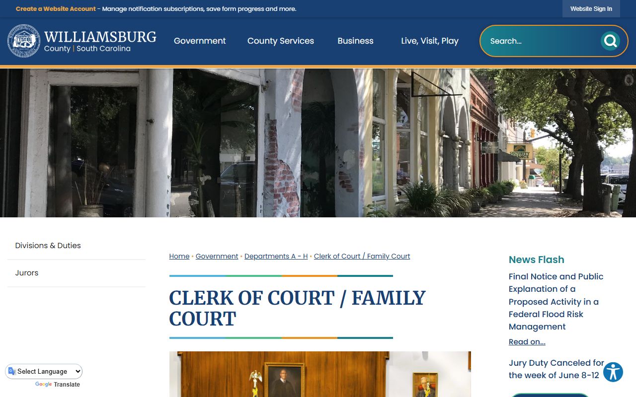 Williamsburg County court records Clerk of Court and Family Court page