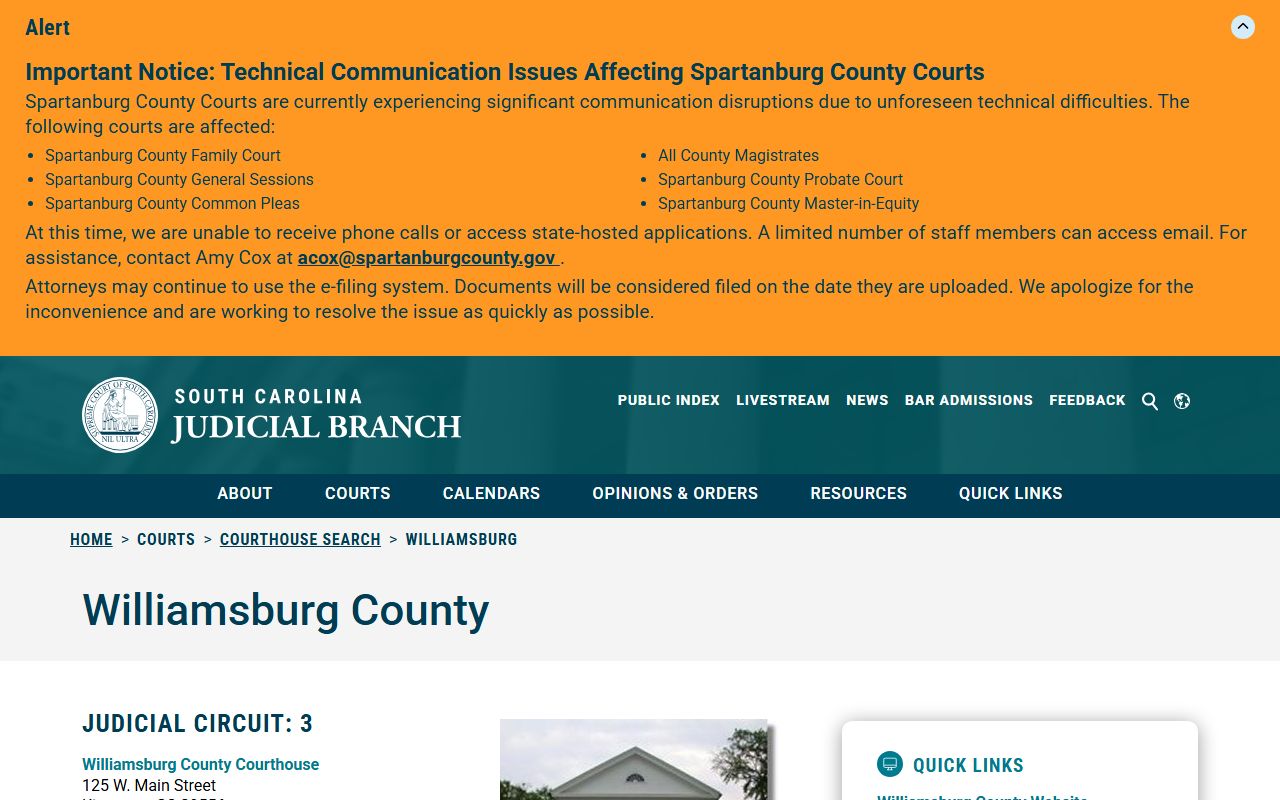 Williamsburg County court records directory from the South Carolina Judicial Branch