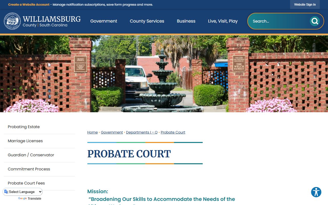 Williamsburg County probate court records and marriage records page
