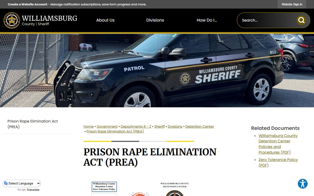 Williamsburg County inmate records PREA policy source