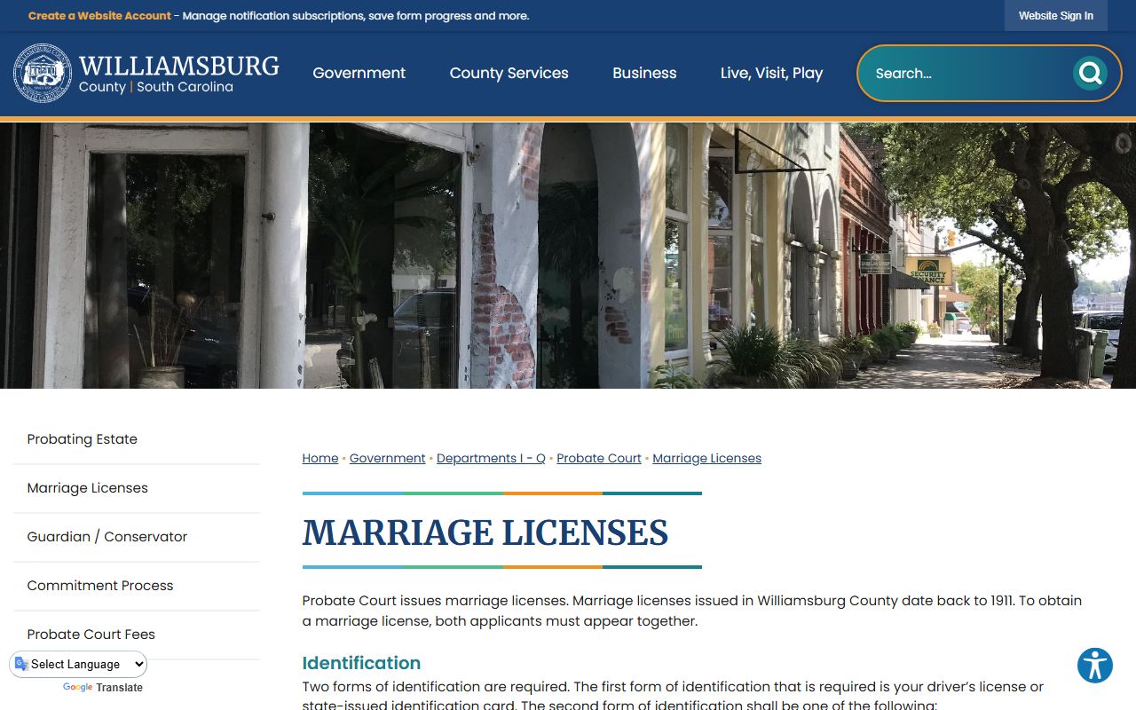 Williamsburg County marriage records license rules