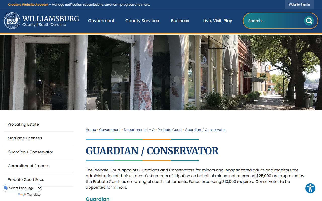 Williamsburg County probate records guardian conservator source