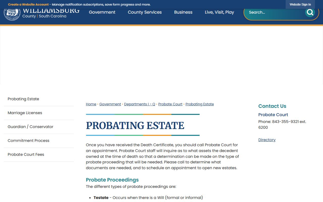 Williamsburg County probate records estate appointment source