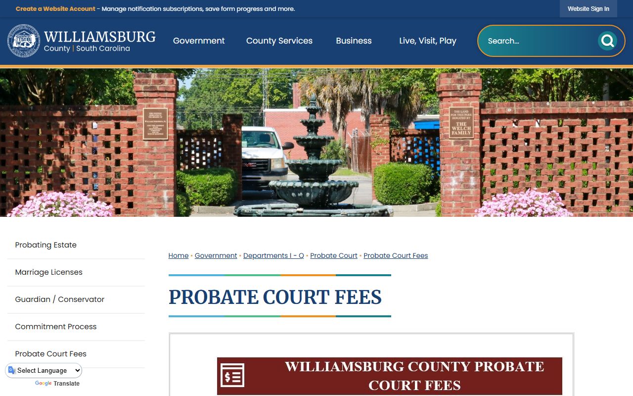 Williamsburg County probate records fee page source