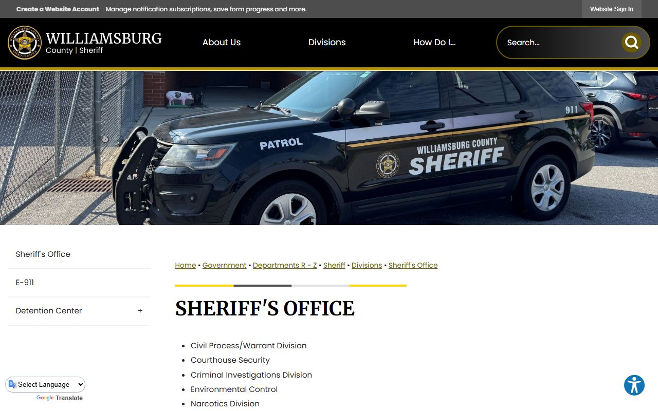 Williamsburg County warrant records sheriff divisions source